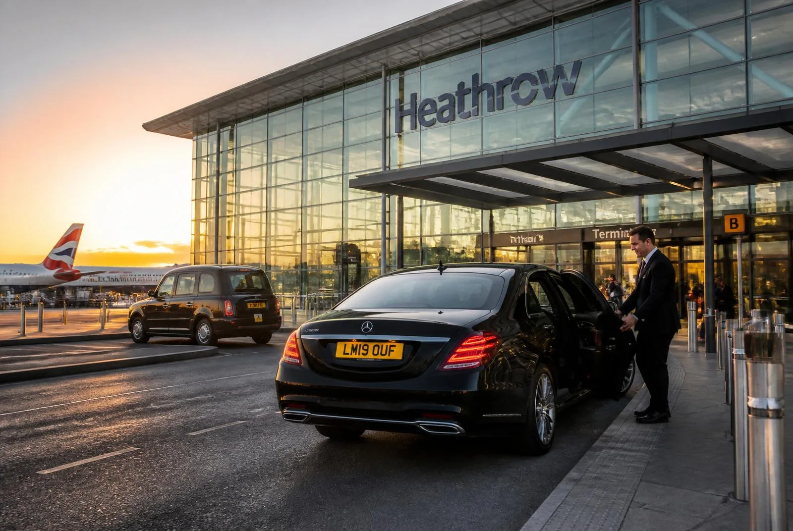 Chauffeur opening executive Mercedes door at London Heathrow Airport terminal for Victour Travel airport transfer